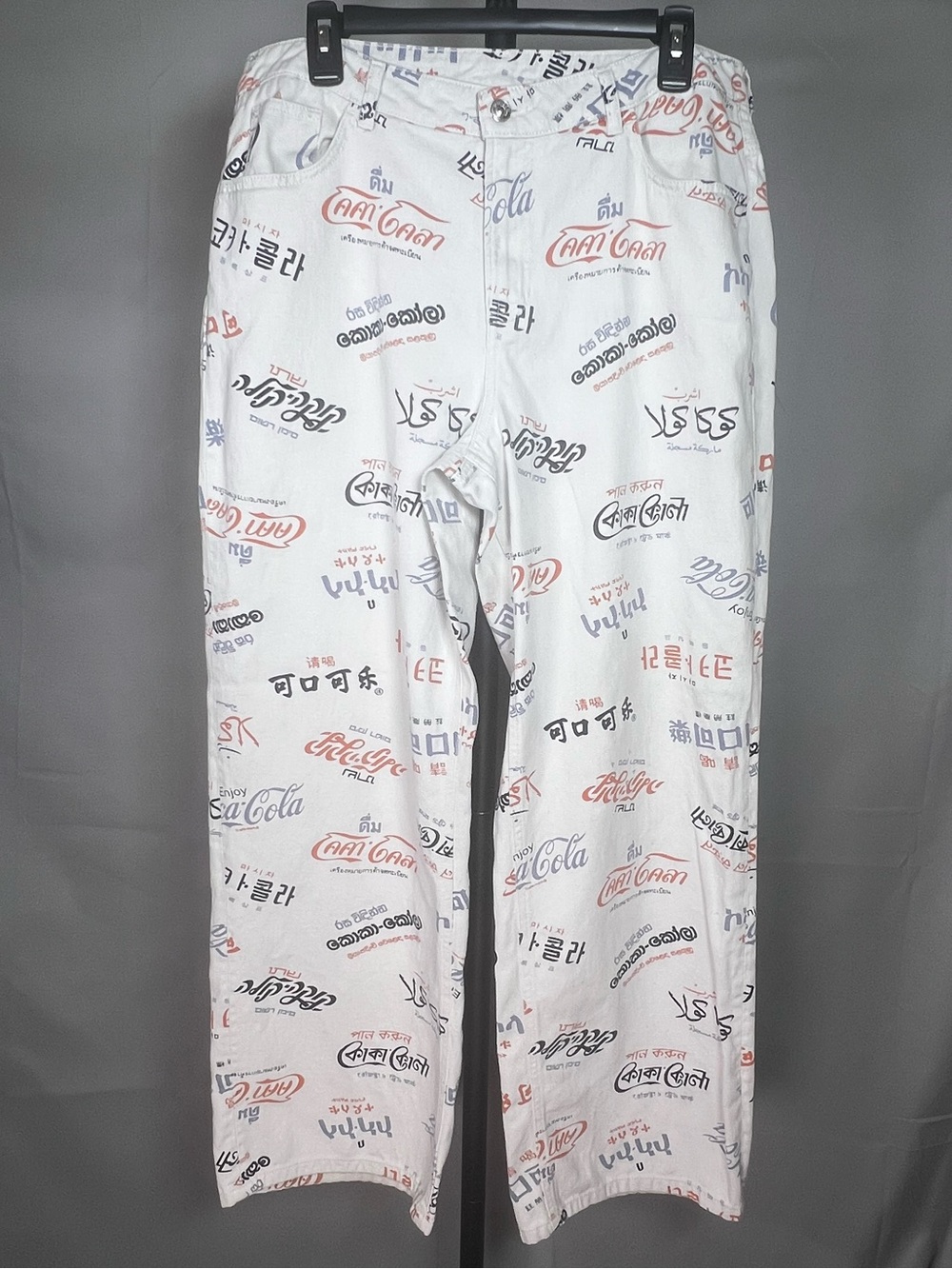 H&M x Coca-Cola Multi-Language Print High Rise White Jeans Size 12